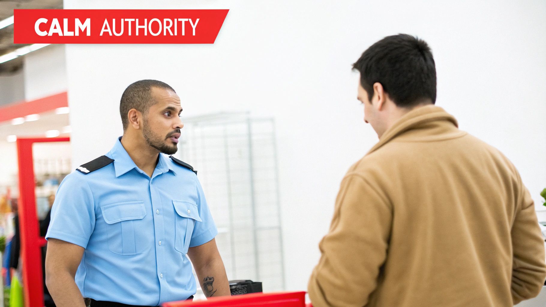 7 Shocking Threats: Why You Desperately Need Retail Security Guards 3 A uniformed security guard talks to a customer in a brown jacket within a retail store.