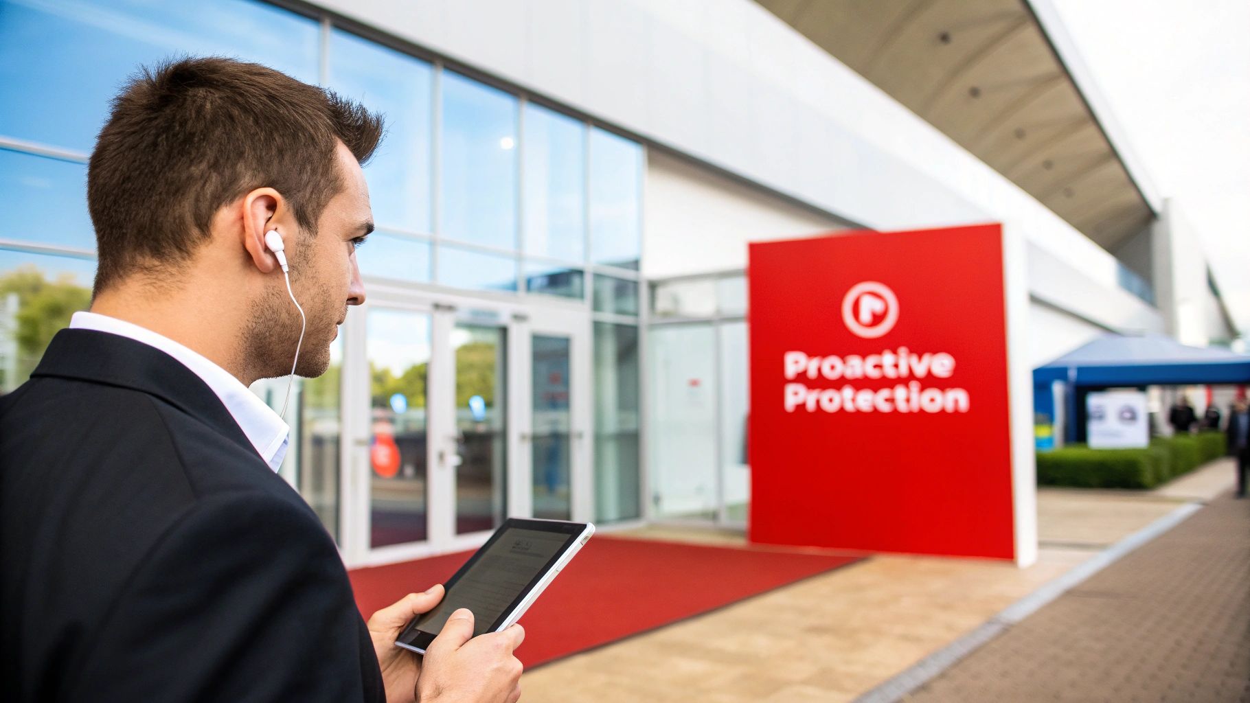 A man in a suit wearing earphones holds a tablet outside a building with a 'Proactive Protection' sign.