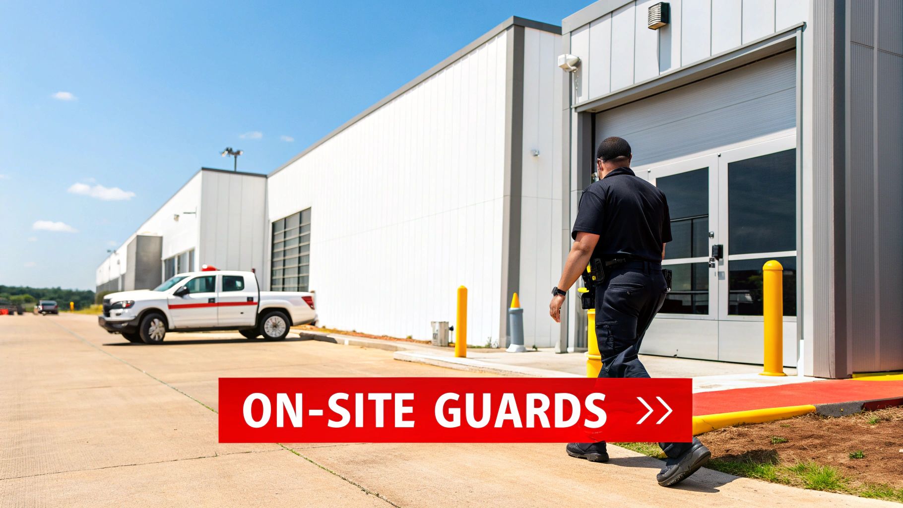 7 Incredible Benefits of an Alarm Monitoring System for Your Business 4 An on-site security guard patrols outside a commercial building with a security vehicle parked nearby.