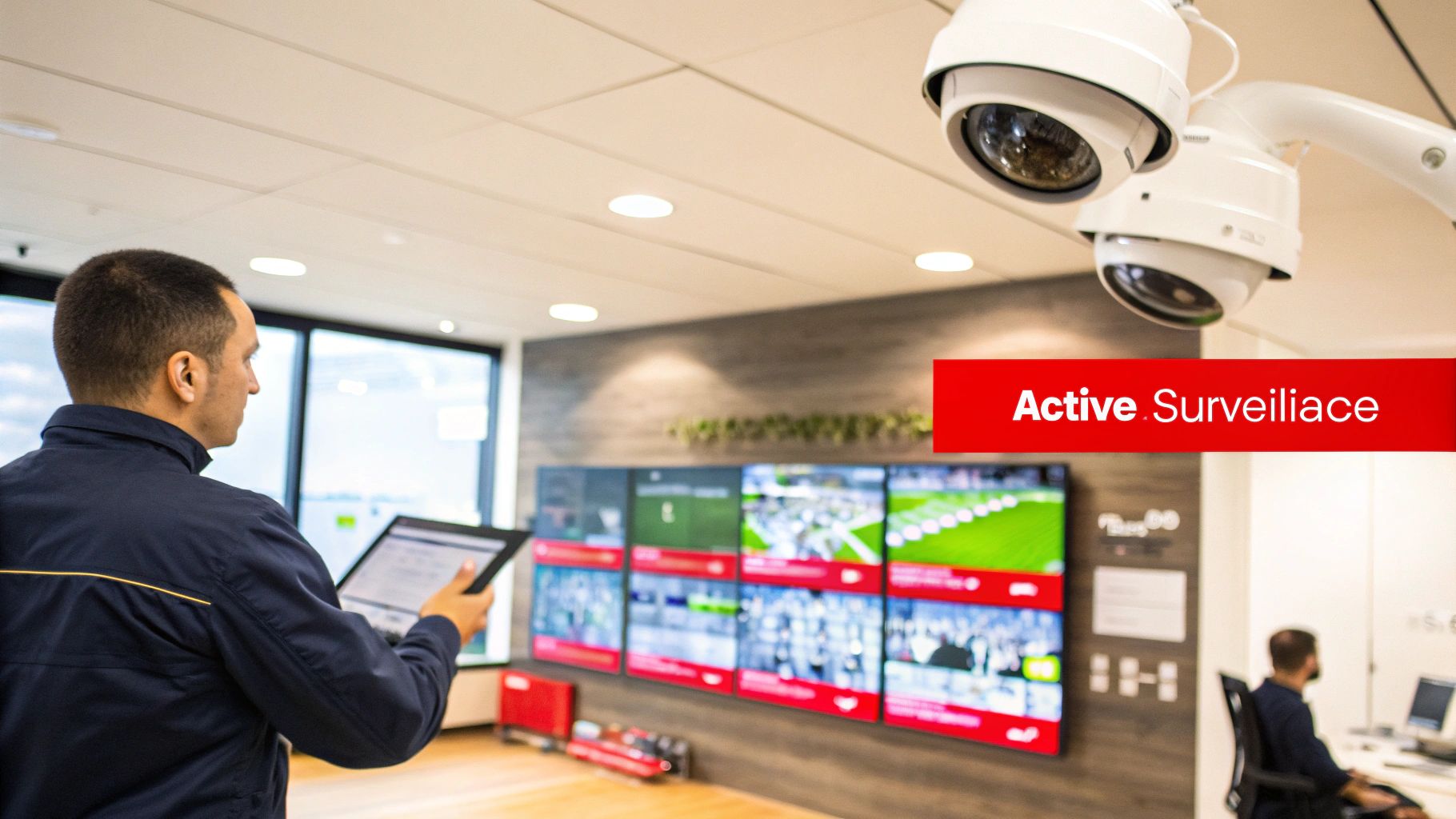Security operator monitoring CCTV cameras and live video feeds on a large display wall.
