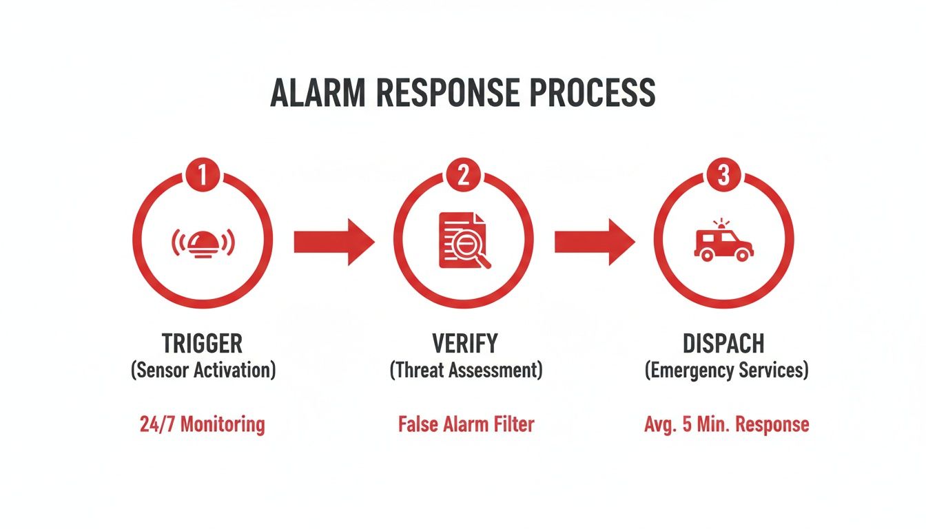 Flowchart illustrating a 3-step alarm response process: Trigger, Verify, and Dispatch for quick emergency service.