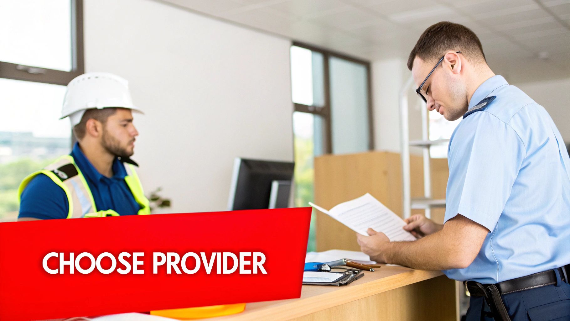 A construction worker and a uniformed security officer discussing documents at a desk.