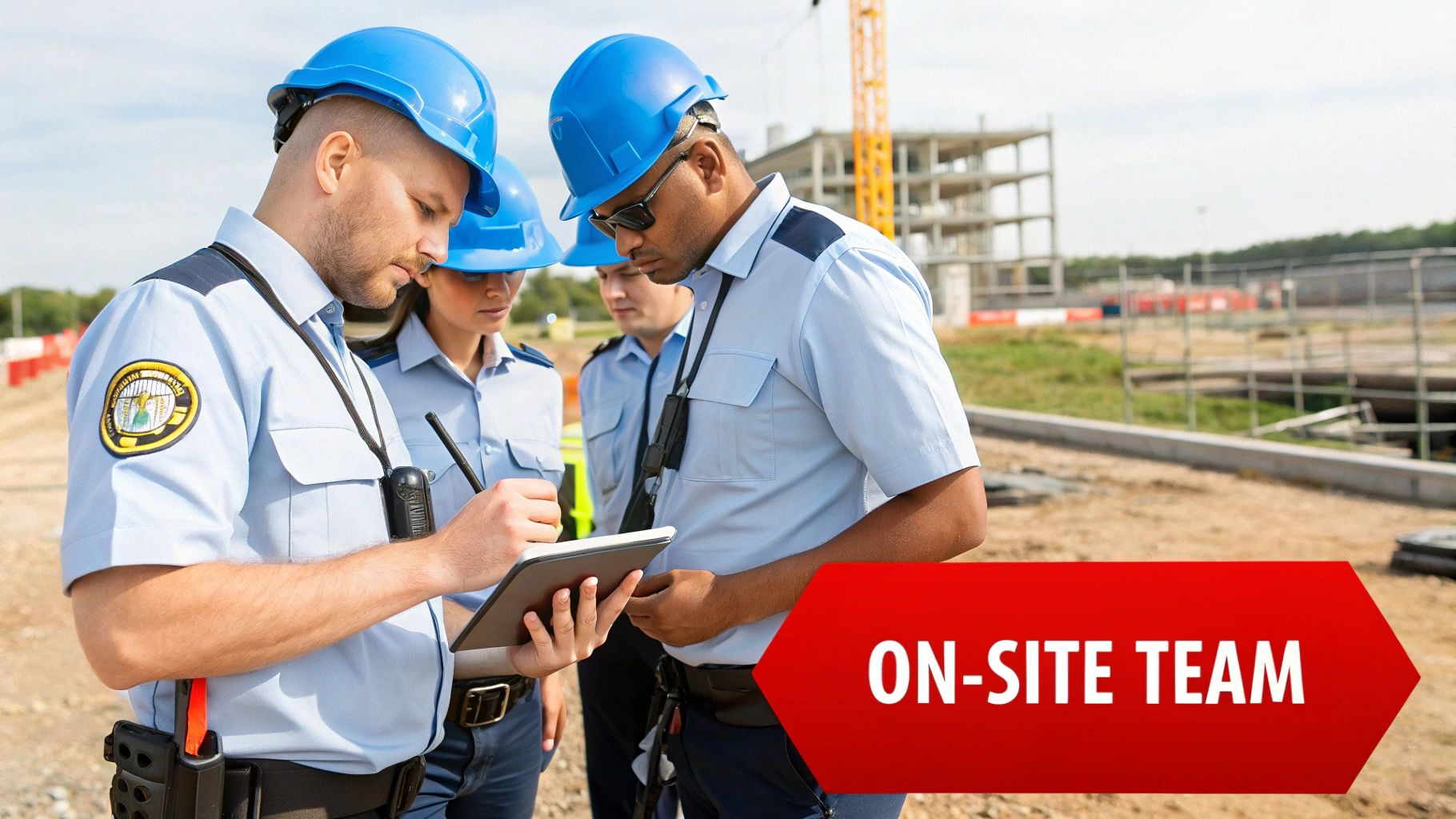 An on-site team of security personnel or supervisors reviewing plans on a tablet at a construction site.