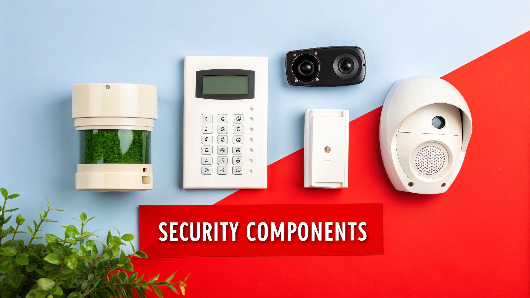 A top-down view of various white and black home security system components laid out on a blue and red background.