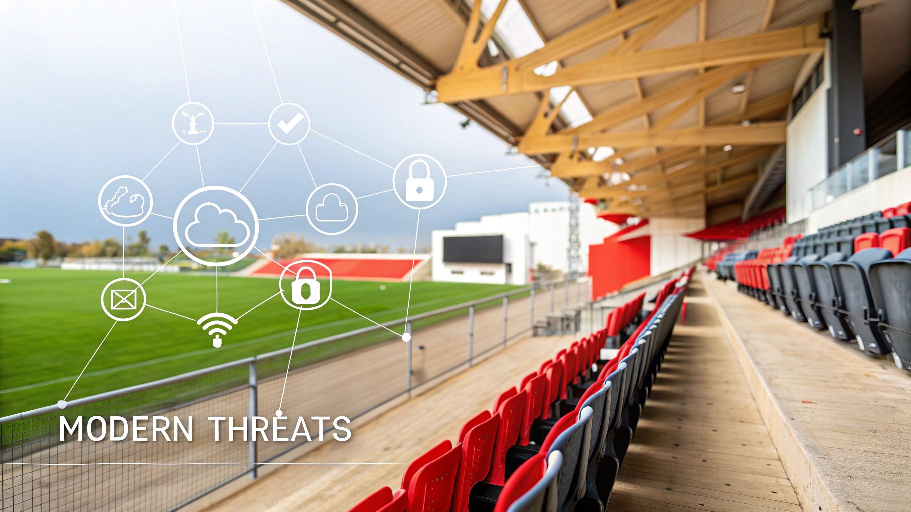 7 Devastating Mistakes a Poor Risk Management Plan Can Cause 2 Digital network icons overlay a stadium, symbolizing modern threats to security and cloud data.