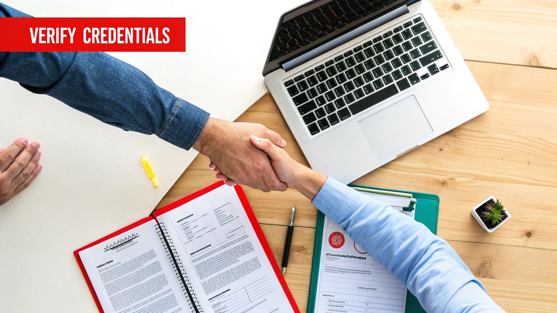 5 Critical Mistakes to Avoid When You Hire a Security Guard 2 Overhead view of two individuals shaking hands across a table with a laptop, documents, and 'VERIFY CREDENTIALS' banner.