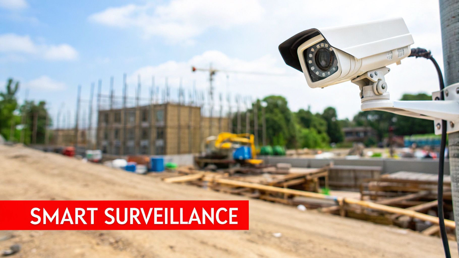 A Complete Guide to Construction Site Security 3 A white security camera mounted on a pole overlooks a blurred construction site with buildings and an excavator.