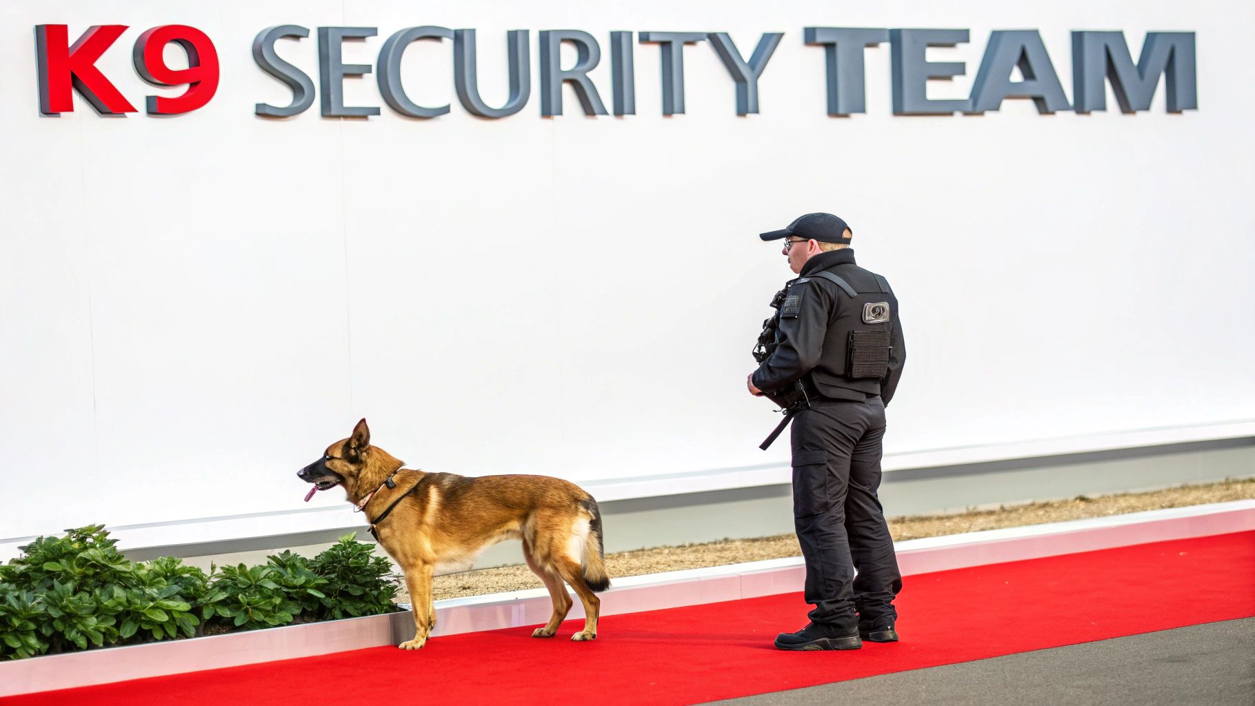 A K9 security dog and its handler stand on a red carpet with "K9 SECURITY TEAM" written on a white wall.