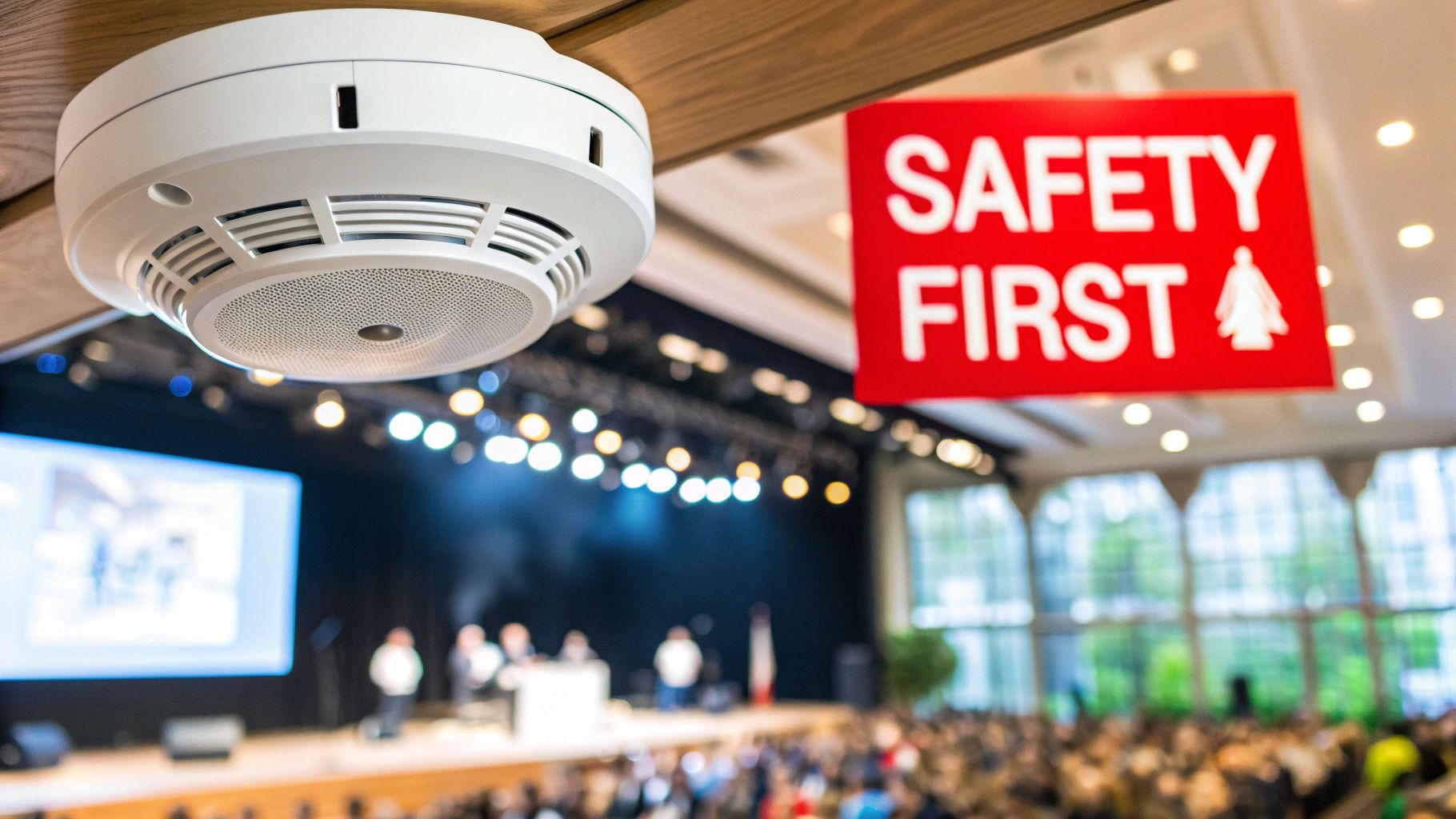 5 Incredible Fire Detection Systems To Avoid Disaster 1 A white smoke detector is mounted on a wooden beam above a conference hall with a 'SAFETY FIRST' sign.