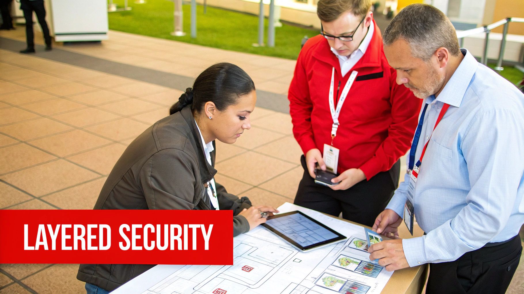 7 Huge Mistakes to Avoid When Hiring an Event Security Company 2 Three professionals reviewing layered security plans on a tablet and blueprints at an event.
