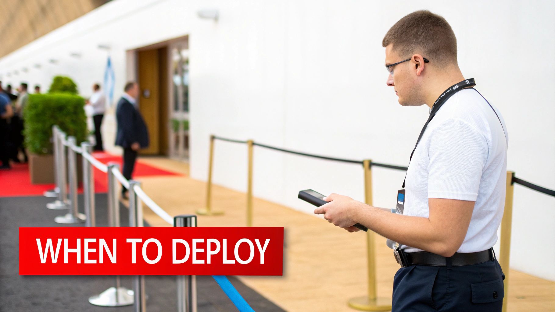 7 Incredible Benefits of Using Static Security Guards For Protection 2 A static security guard with glasses and earpiece holding a device at an event entrance.
