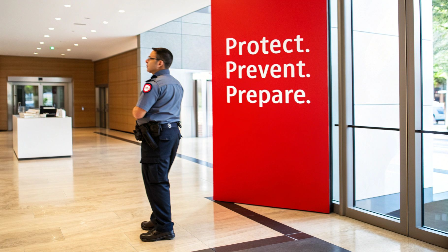 A uniformed security guard stands with crossed arms in a bright, modern building lobby.