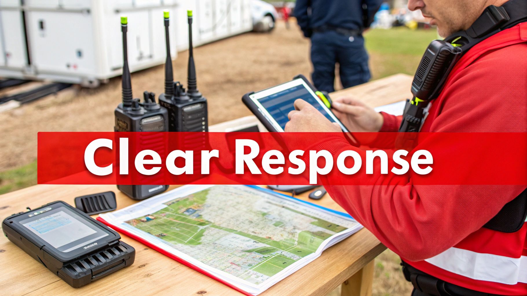 A security personnel uses a tablet and radios at an outdoor command post with a map.