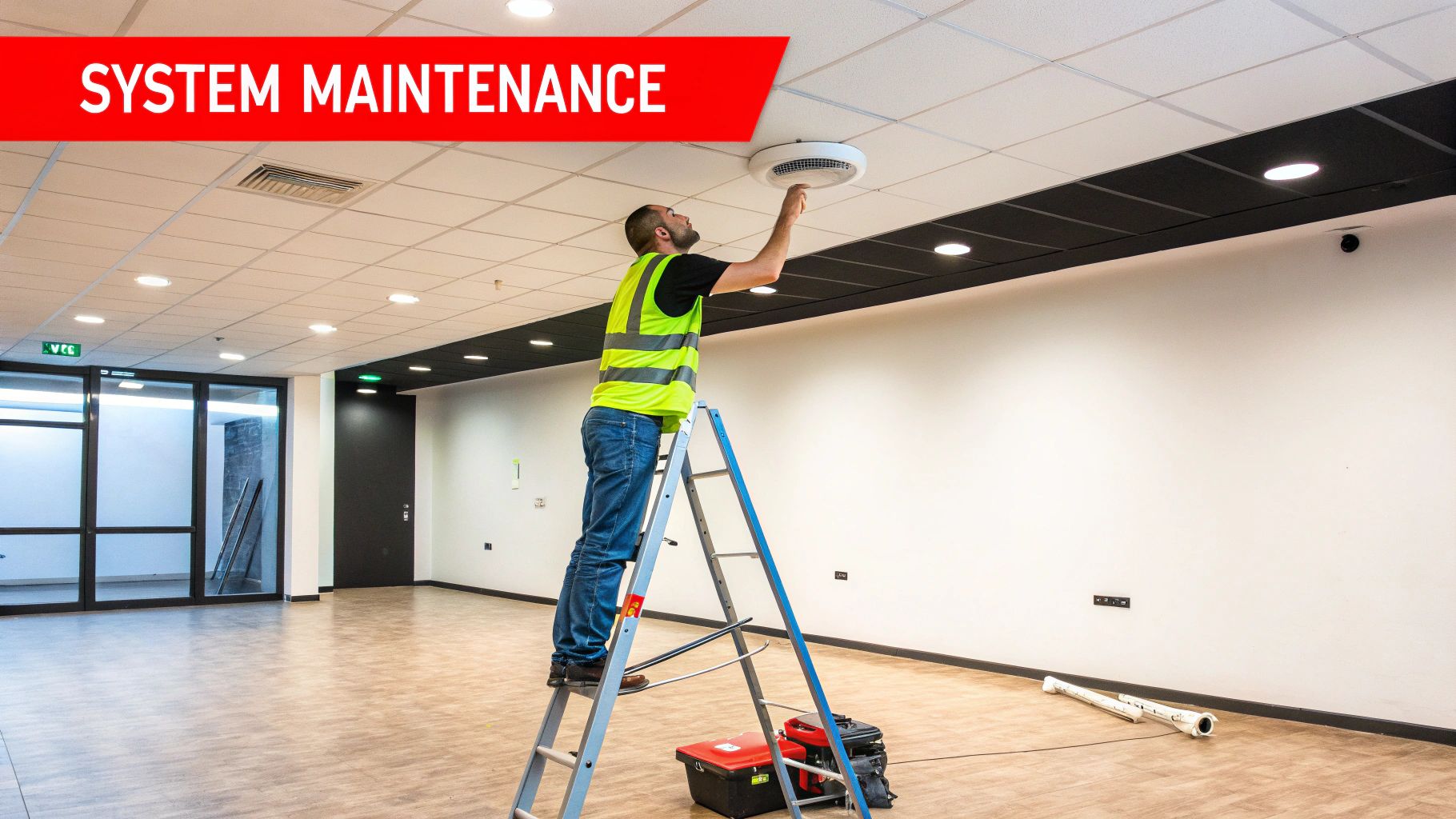 5 Incredible Fire Detection Systems To Avoid Disaster 4 A maintenance worker in a yellow vest on a ladder inspecting a ceiling vent.