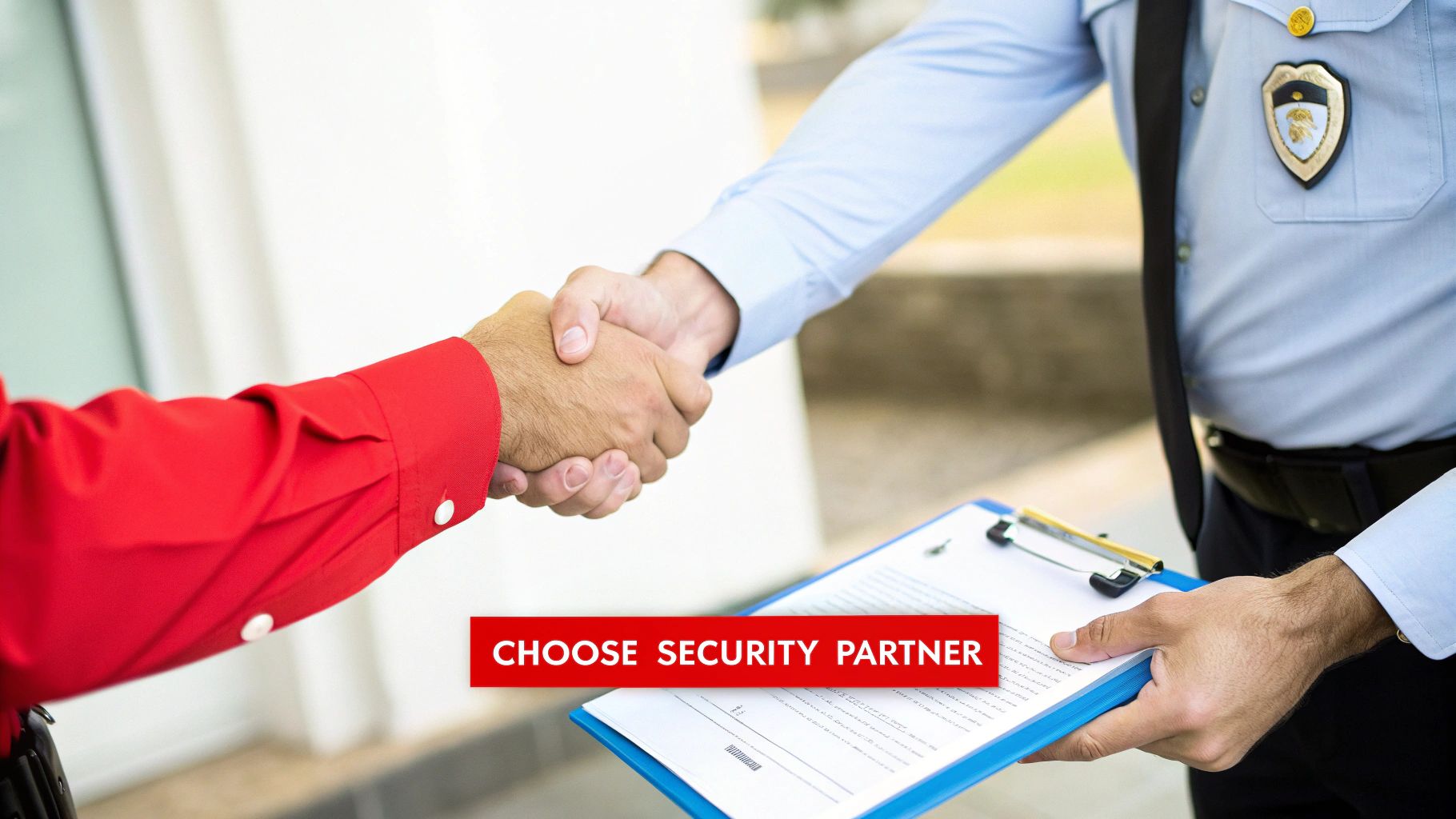5 Fantastic Guard Security Services for Ultimate Protection 3 A security guard and a man in a red shirt shake hands, symbolizing partnership, with a clipboard visible.