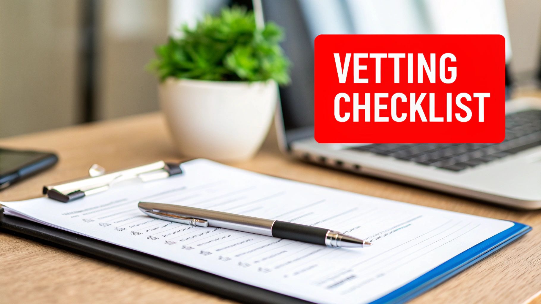 7 Incredible Benefits of Mobile Patrol Security for Your Business 4 A desk setup featuring a 'VETTING CHECKLIST' document on a clipboard, pen, laptop, and plant.