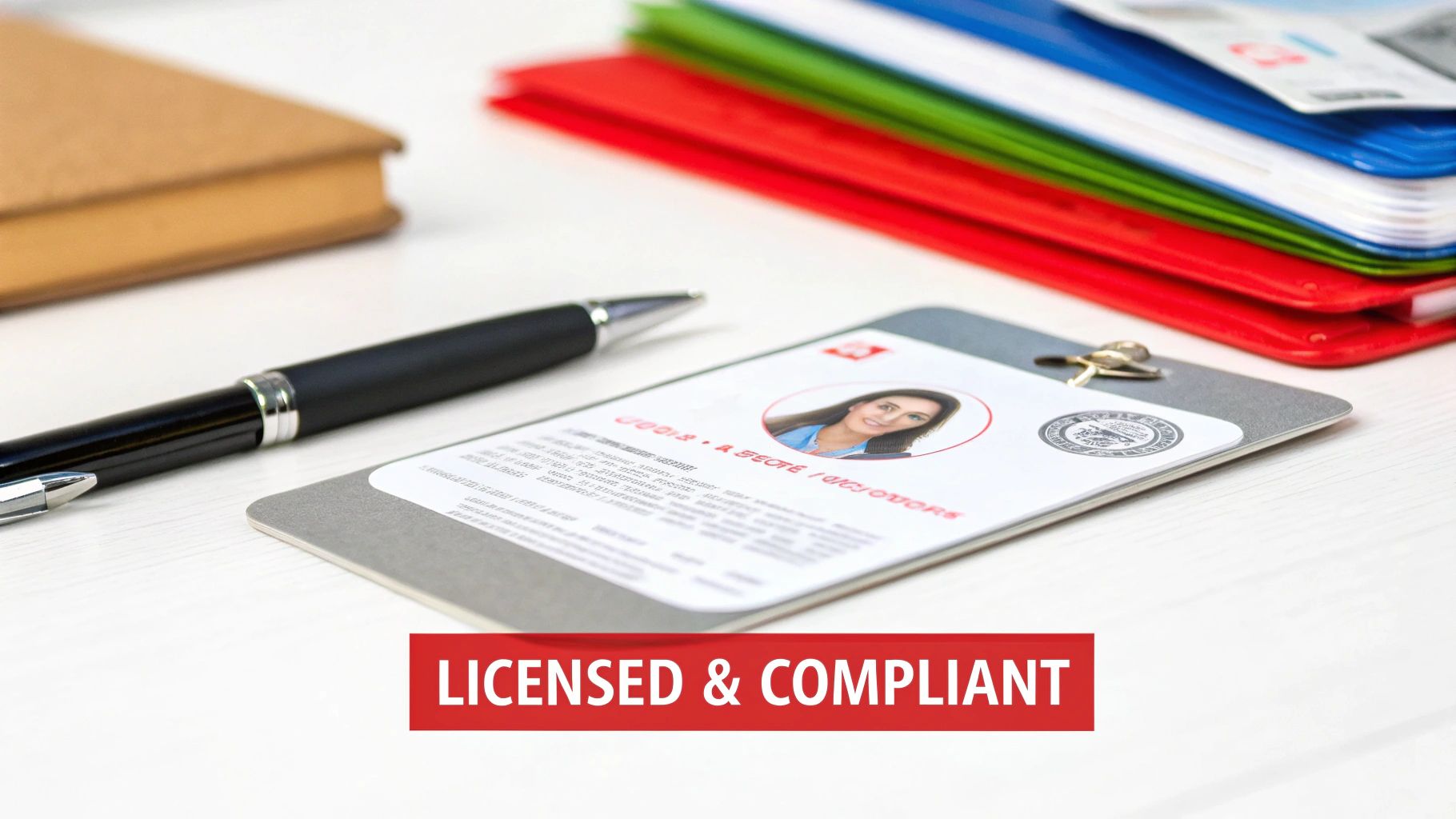 The 5 Invaluable Benefits of Hiring Private Security Bodyguards 2 Professional desk setup with a pen, book, colorful folders, and an ID card, indicating licensed compliance.
