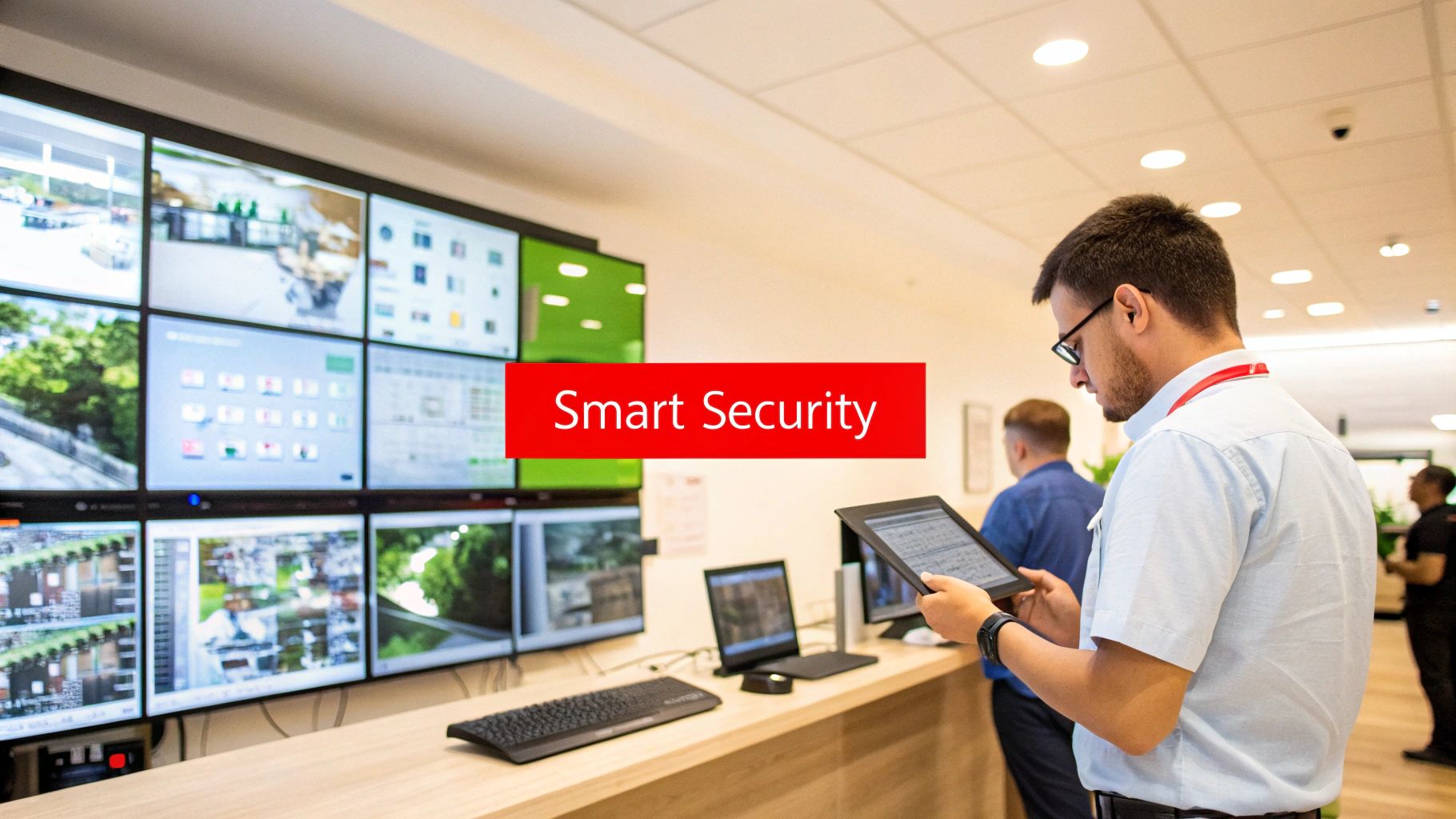 A Practical Guide to Security in Retail for Australian Businesses 3 Man in a security control room viewing a tablet with multiple surveillance monitors.