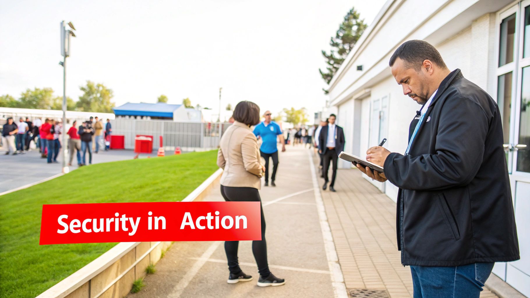 The 5 Invaluable Benefits of Hiring Private Security Bodyguards 3 A male security officer in a black jacket writes on a notepad outdoors, overseeing a busy area.