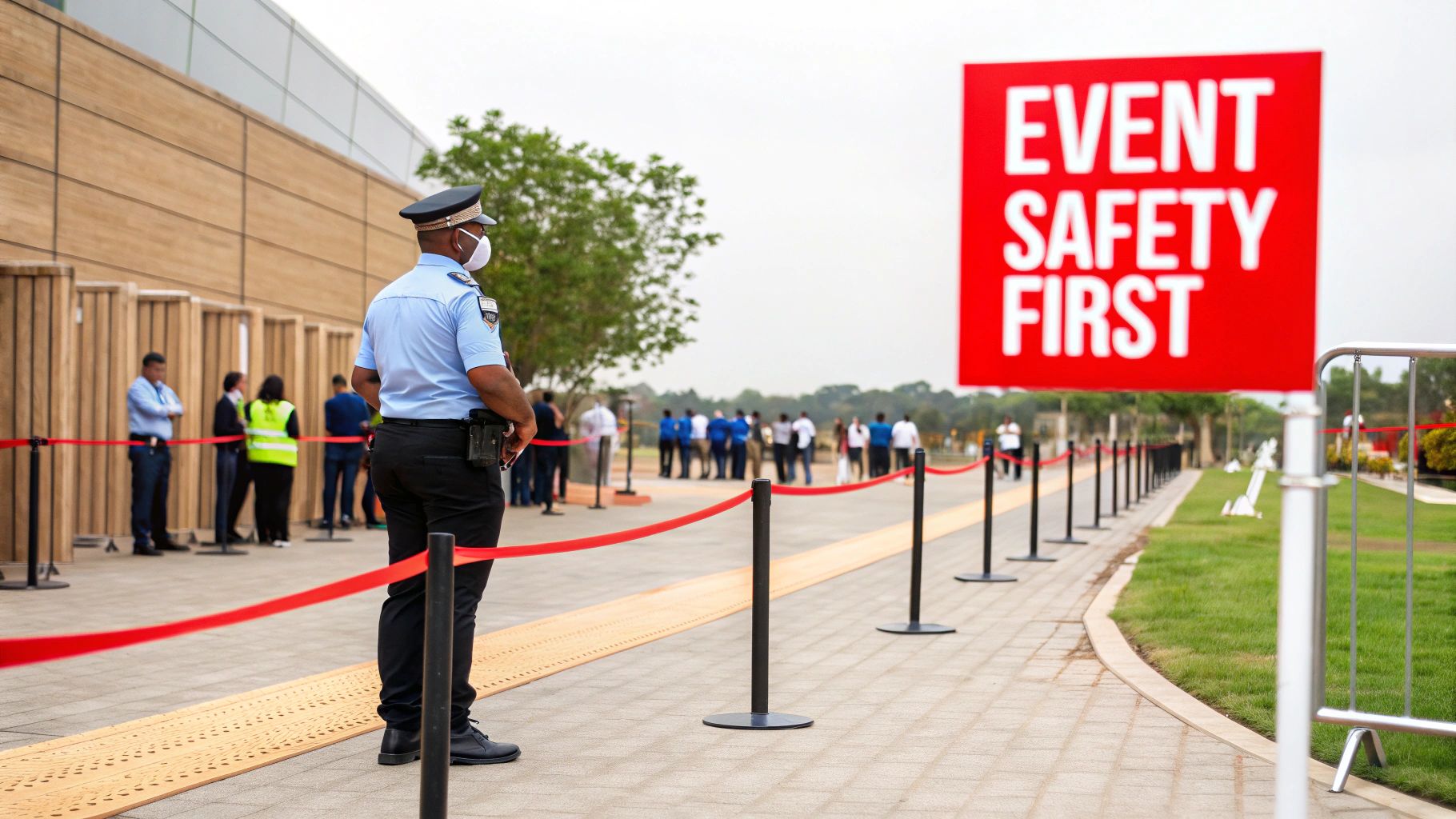 9 Unfortunate Mistakes to Avoid When You Hire Event Security 1 A security guard wearing a mask stands by red ropes at an event entrance with a "Event Safety First" sign.
