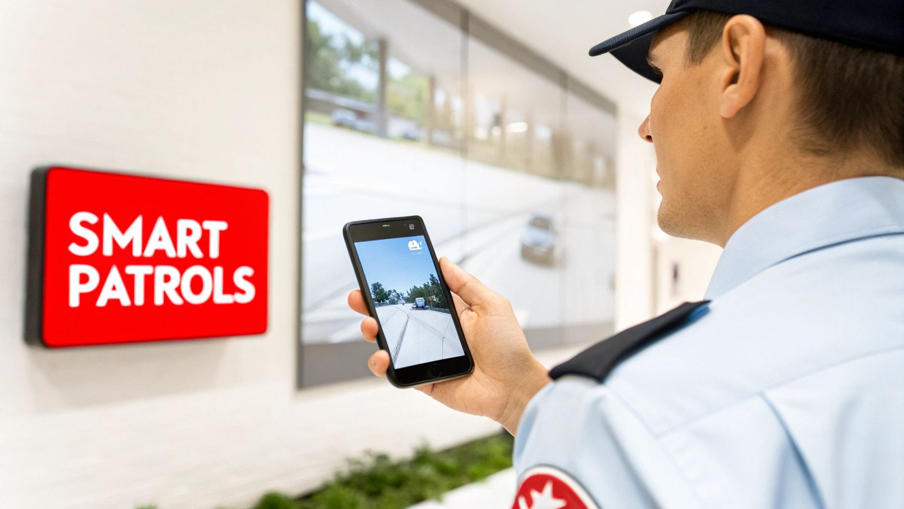 A security guard uses a smartphone displaying a road view, near a 'SMART PATROLS' sign.