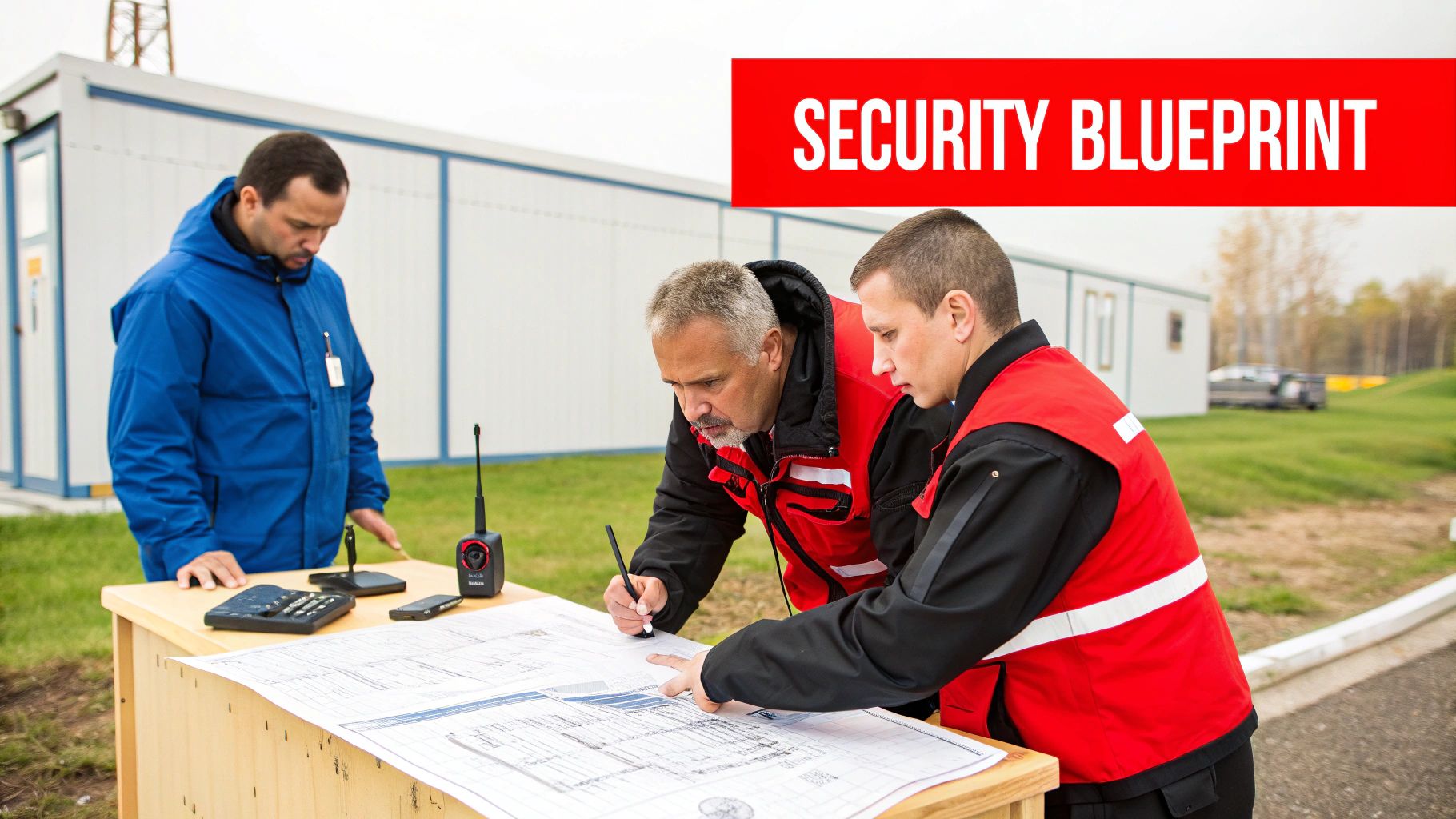 7 Devastating Event Security Mistakes to Avoid: A Pro Guide to Safer Events 1 Three security personnel review a 'Security Blueprint' plan outdoors, with one pointing at the documents.