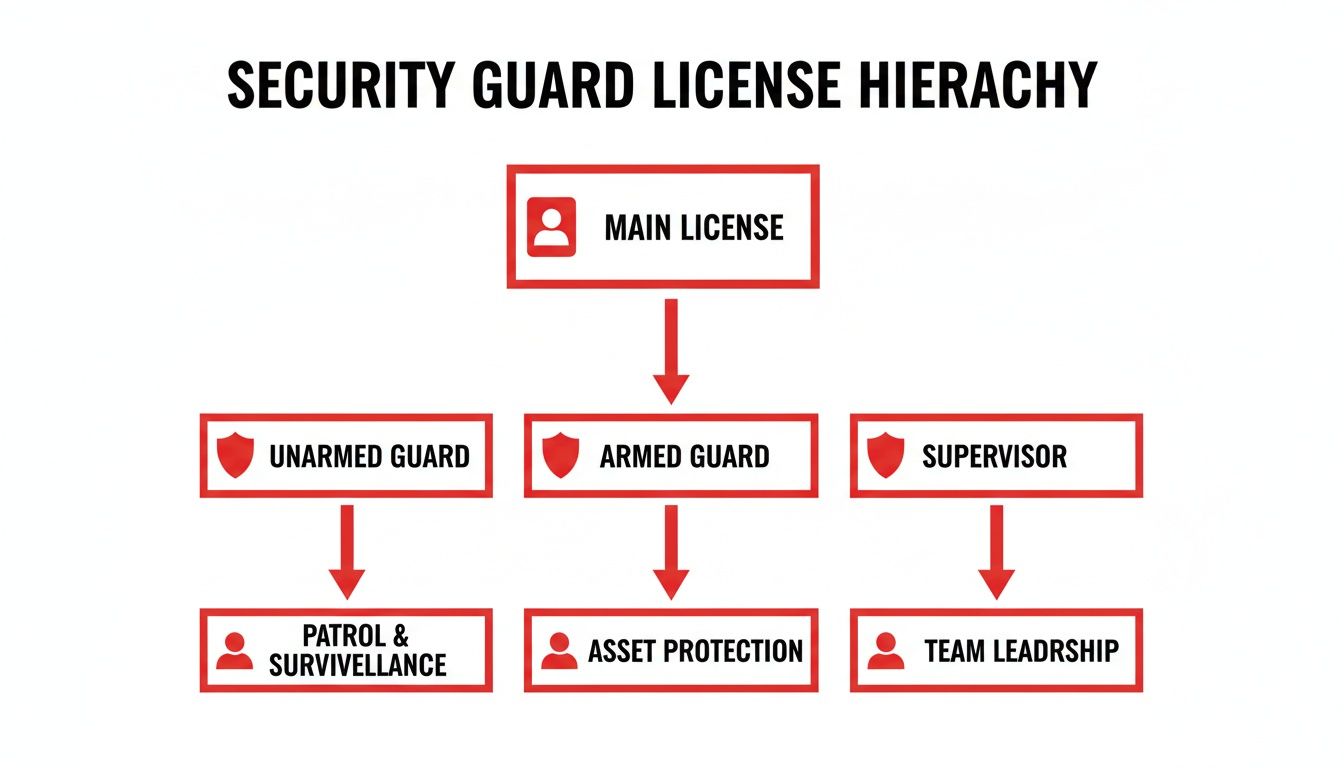 7 Shocking Mistakes to Avoid When Getting a Security Guard License in Australia 1 Hierarchy diagram illustrating security guard license types, from main license to specialized roles like unarmed, armed, and supervisor.