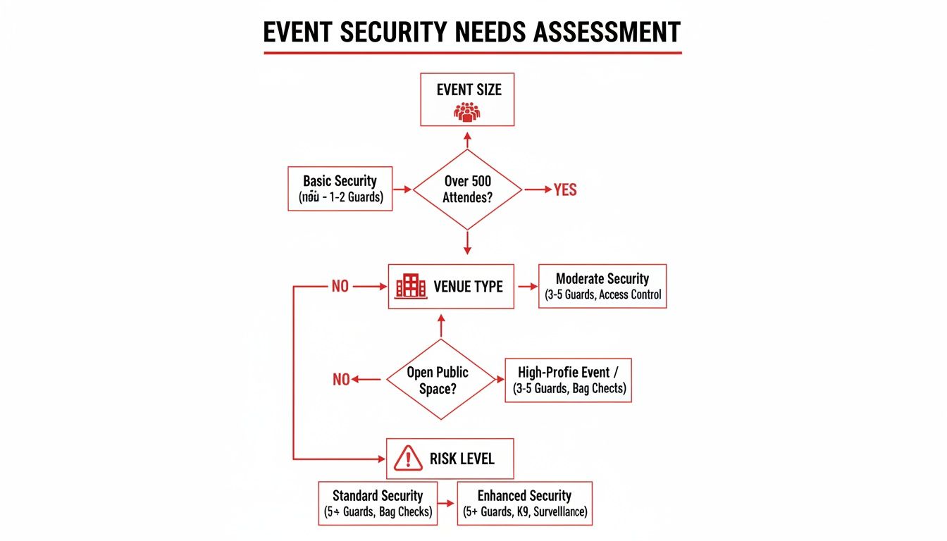 9 Unfortunate Mistakes to Avoid When You Hire Event Security 2 A flowchart for event security needs assessment, detailing security levels based on event size, venue, and risk.
