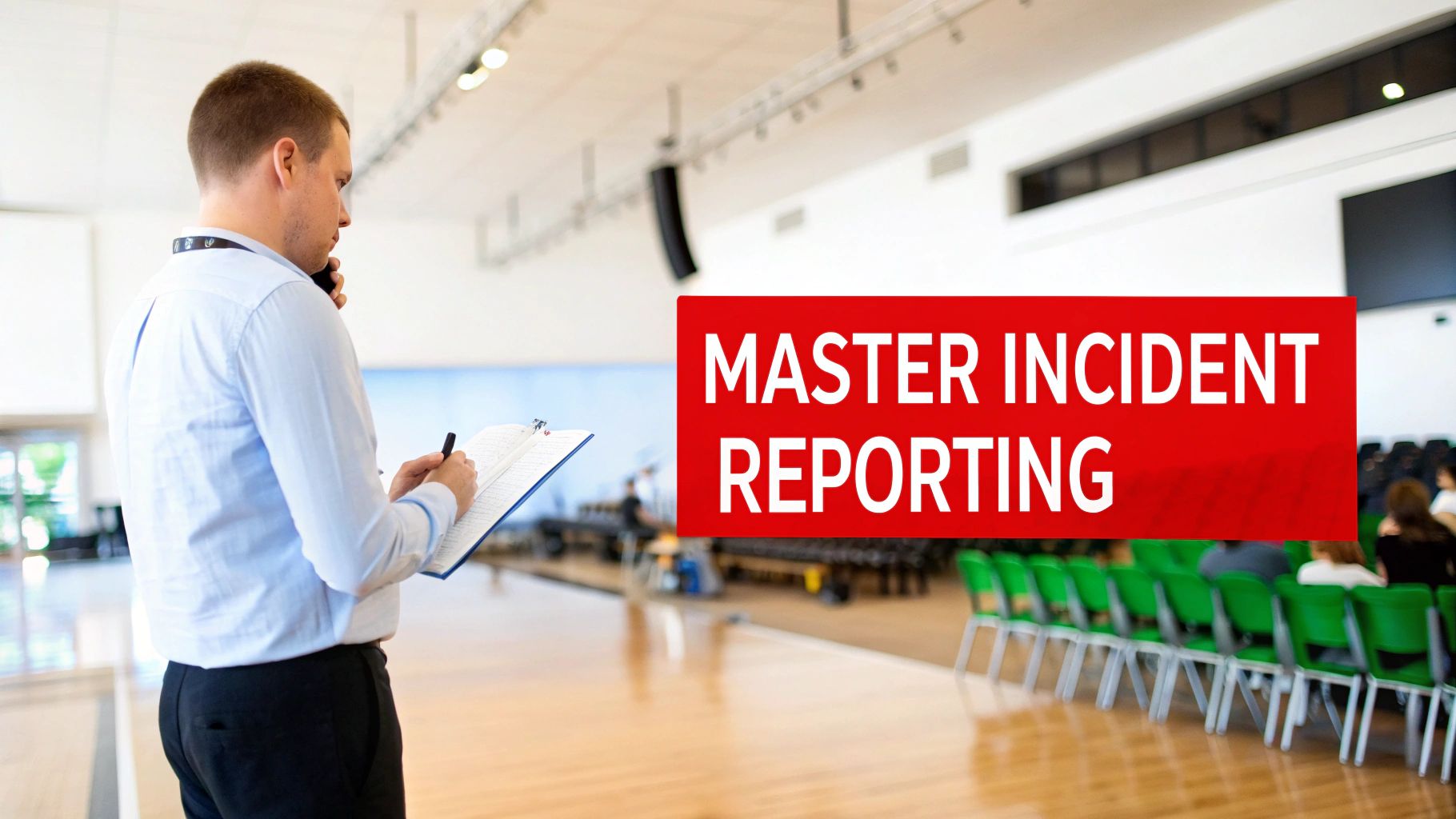 7 Essential Tips: How to Flawlessly Write an Incident Report 1 A man in a light blue shirt writes notes on a clipboard while talking on a phone, next to a red sign that reads "MASTER INCIDENT REPORTING".
