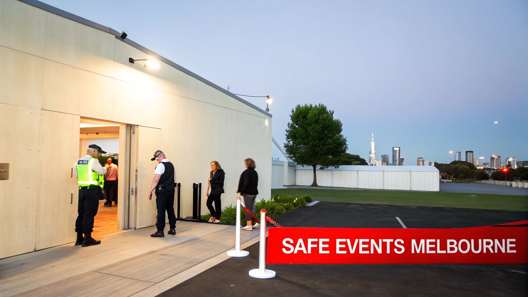 Security guards at an event entrance with a 'Safe Events Melbourne' banner and city skyline at dusk.
