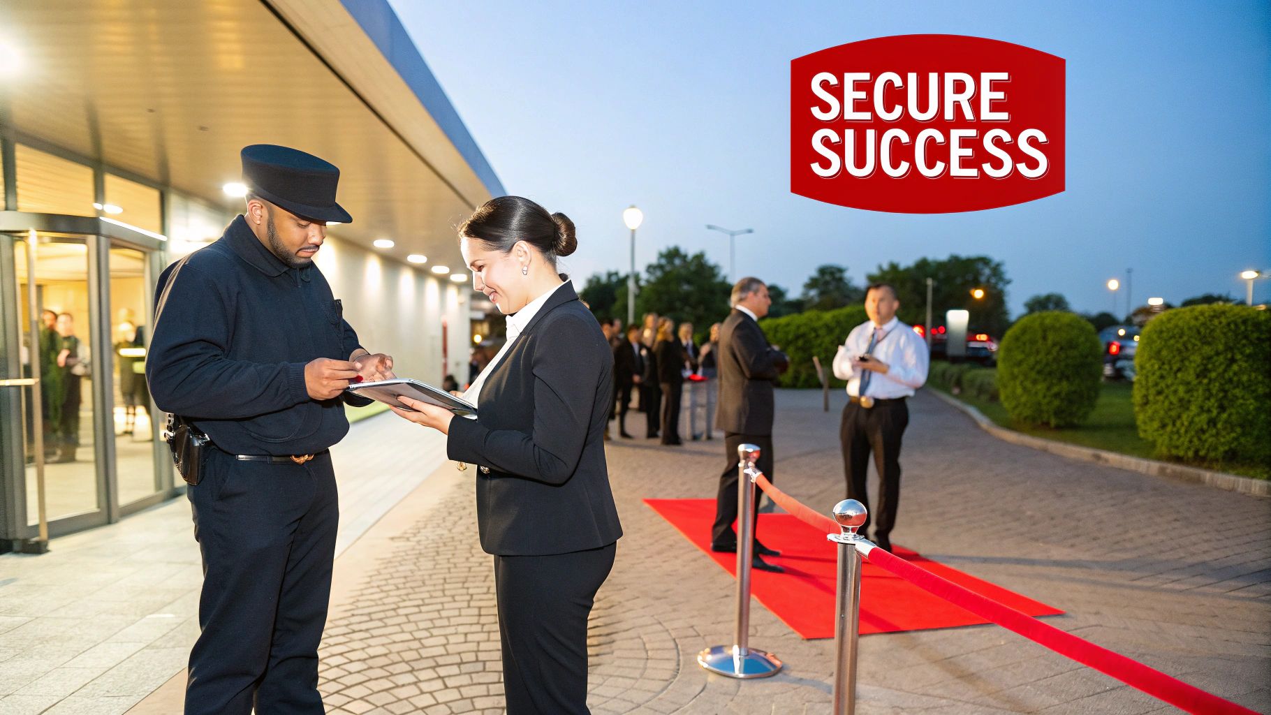 7 Huge Mistakes to Avoid When Hiring an Event Security Company 1 A male security guard and female event organizer review details on a tablet at a red carpet event entrance.
