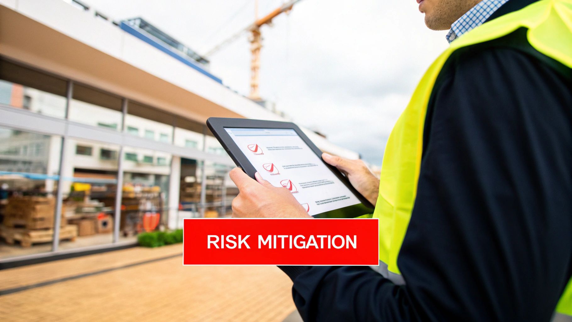 A Complete Guide to Risk Security Management in Australia 2 A person in a safety vest reviews risk mitigation on a tablet at a construction site.