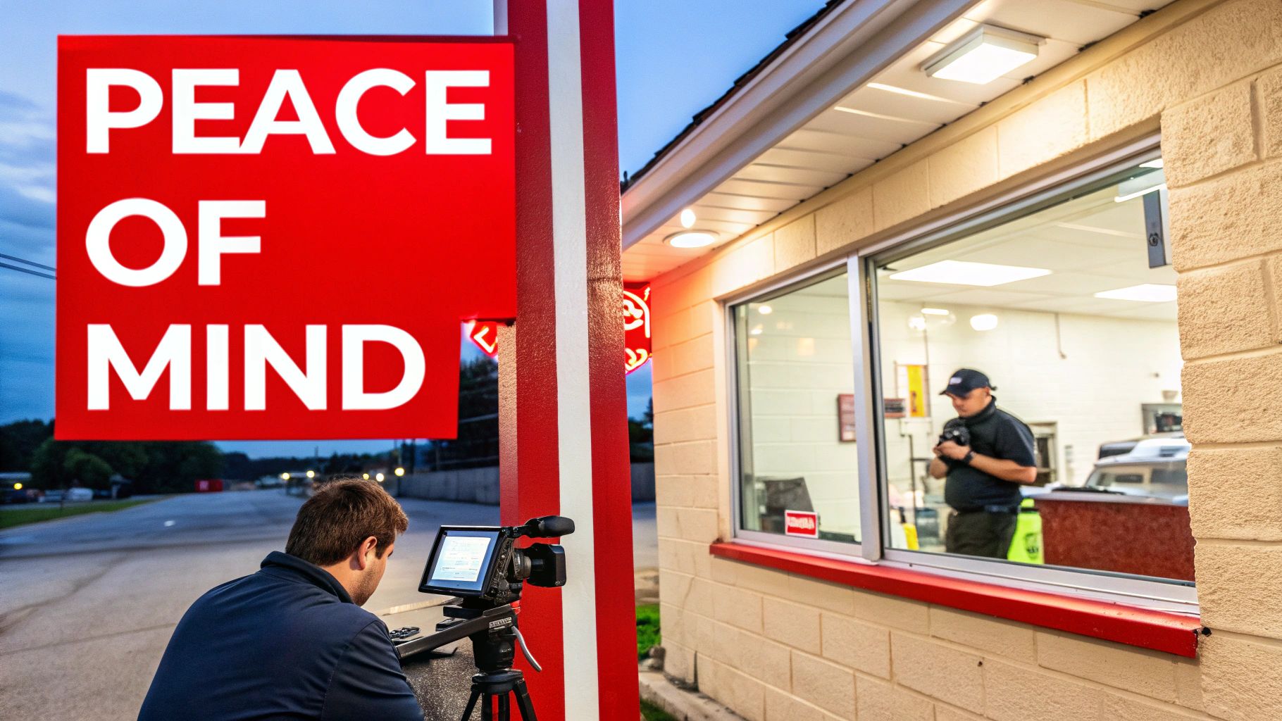7 Incredible Reasons Your Business Needs a Monitored Alarm System 2 A person operates a camera system outside a building featuring a prominent 'PEACE OF MIND' sign.