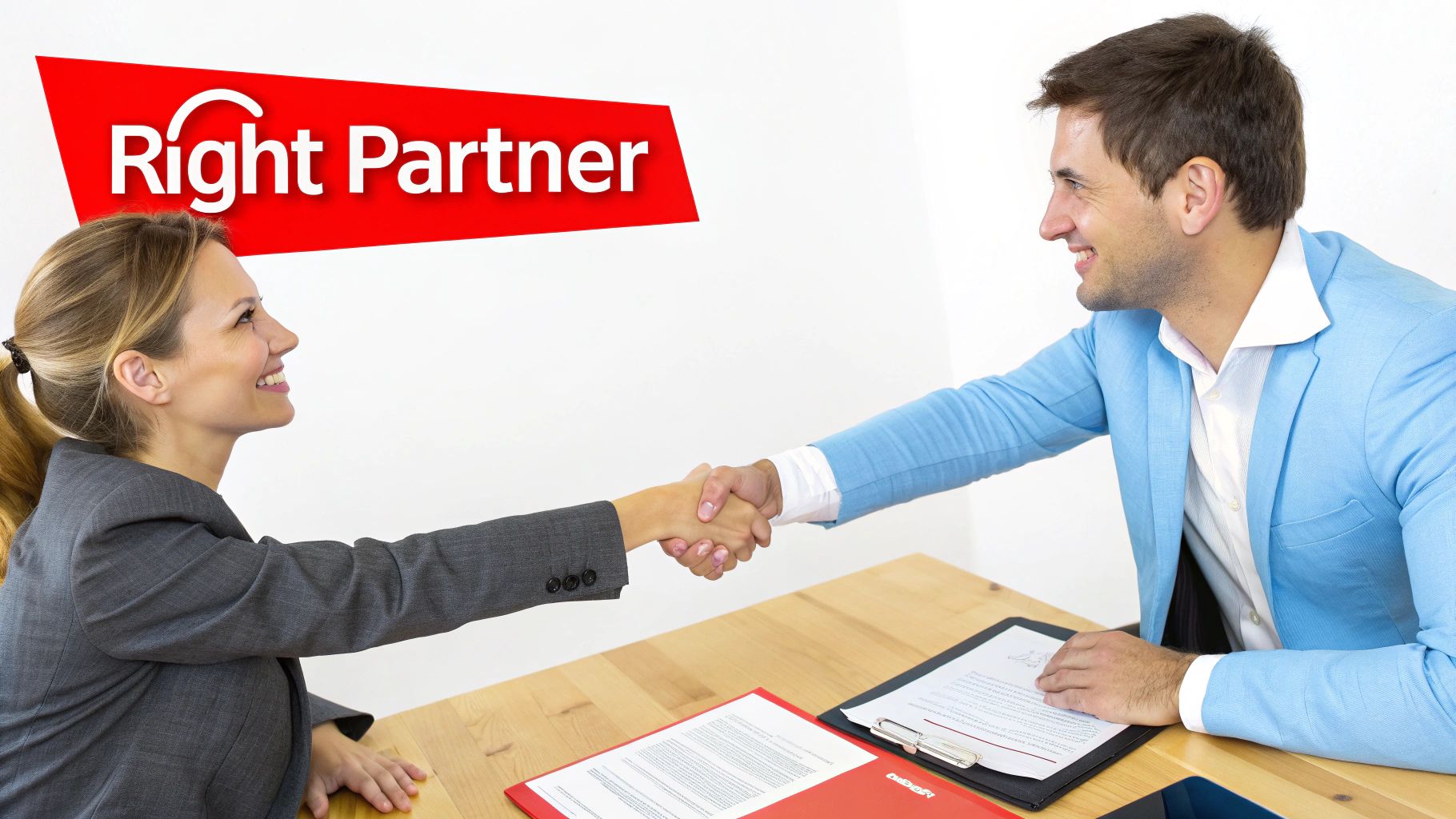 7 Unbeatable Reasons You Need Risk Management and Consulting 3 A man and a woman in business attire shaking hands across a table, symbolizing a successful partnership.