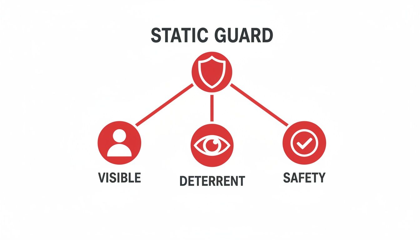 7 Incredible Benefits of Using Static Security Guards For Protection 1 A diagram explaining Static Guard, highlighting its three key aspects: Visible, Deterrent, and Safety.