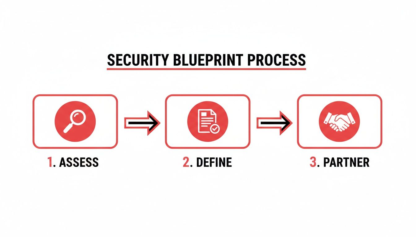 A diagram illustrates the three-step Security Blueprint Process: Assess, Define, and Partner workflow.