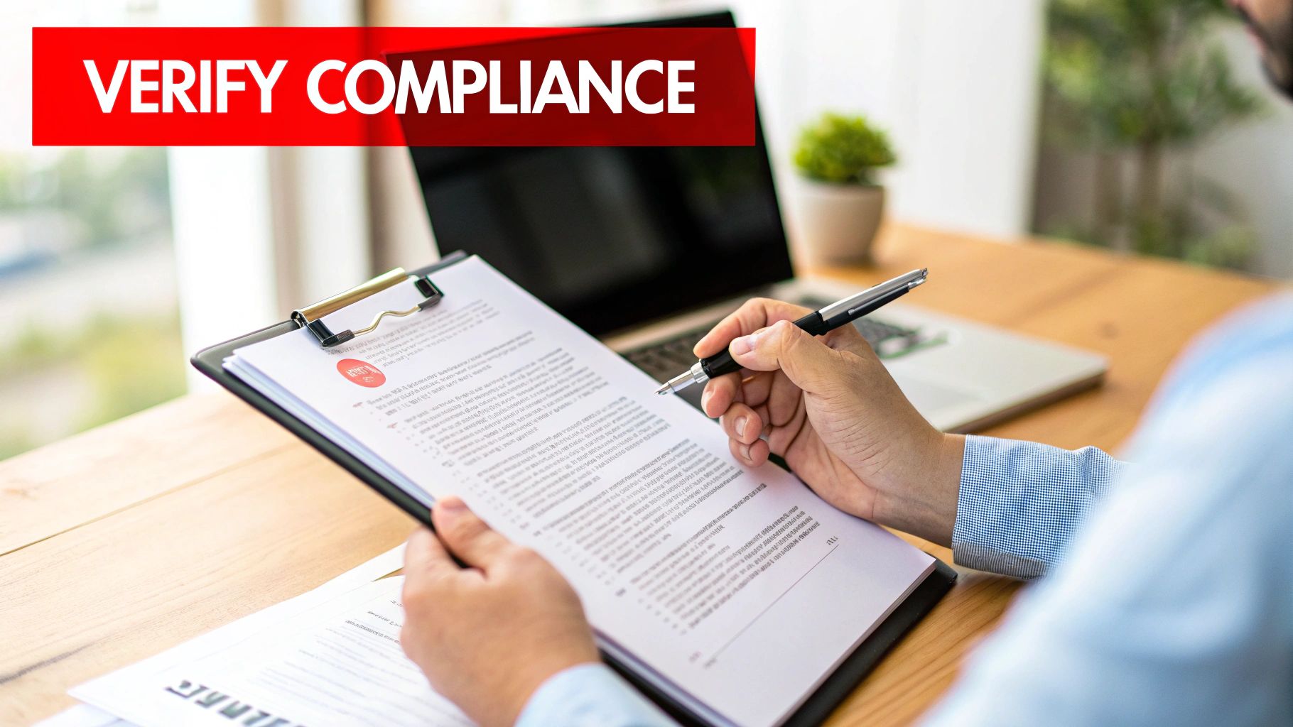 Hands reviewing a document on a clipboard with a pen, under a 'VERIFY COMPLIANCE' banner.