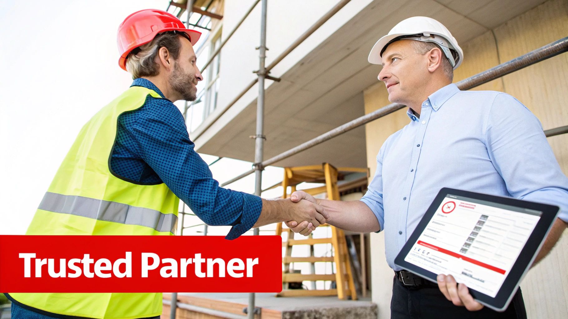 Two construction professionals, one in a red hard hat and the other in a white, shake hands at a construction site, symbolizing partnership.