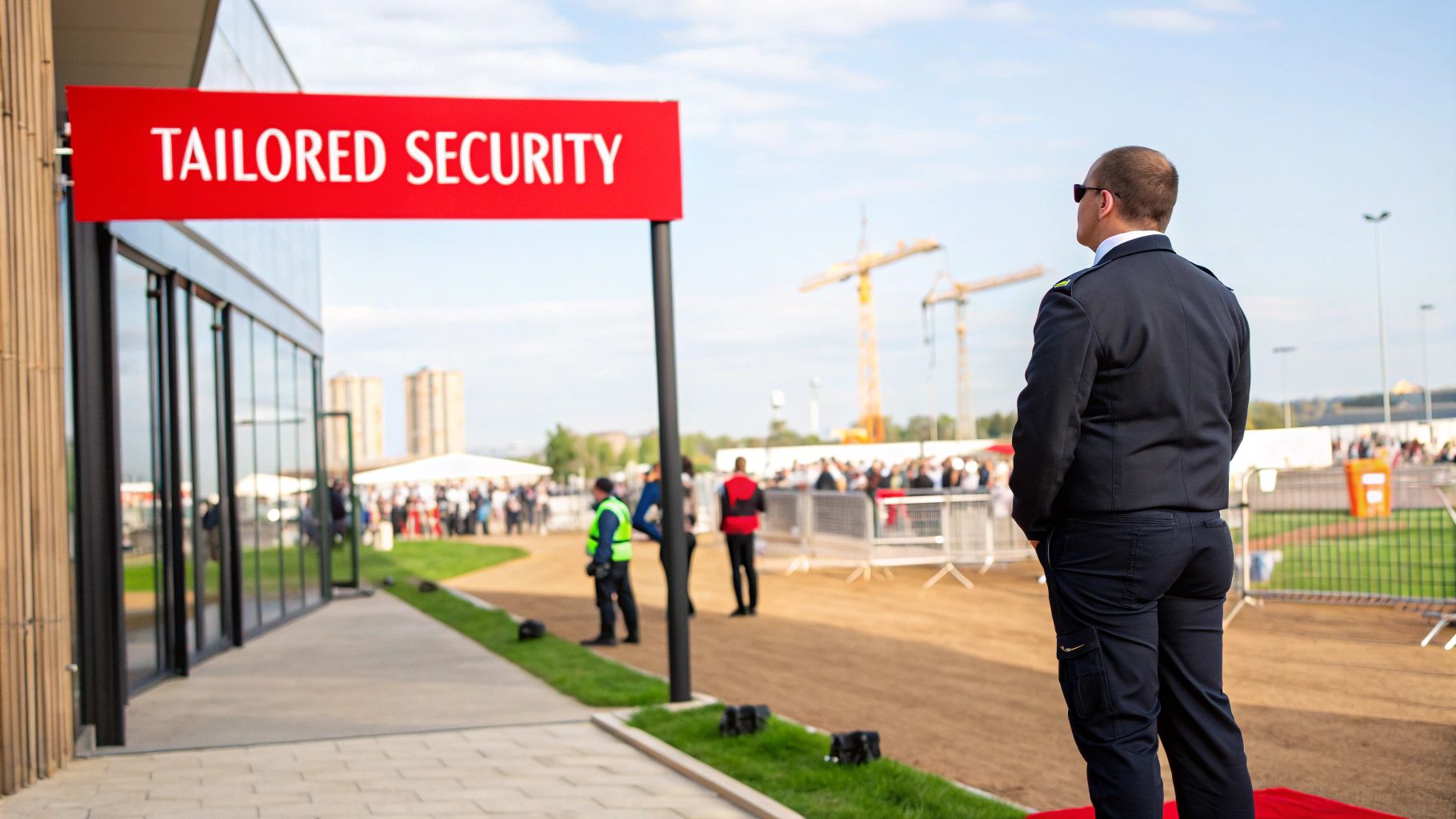 5 Fantastic Guard Security Services for Ultimate Protection 2 A security guard in uniform stands with his back to a crowd, near a 'TAILORED SECURITY' sign.
