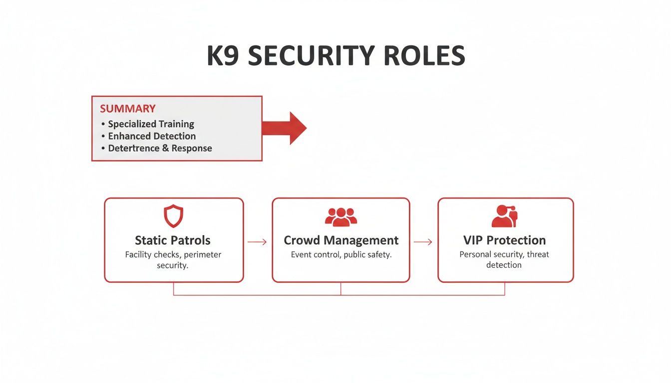 Flowchart outlining K9 security roles including specialized training, static patrols, crowd management, and VIP protection.