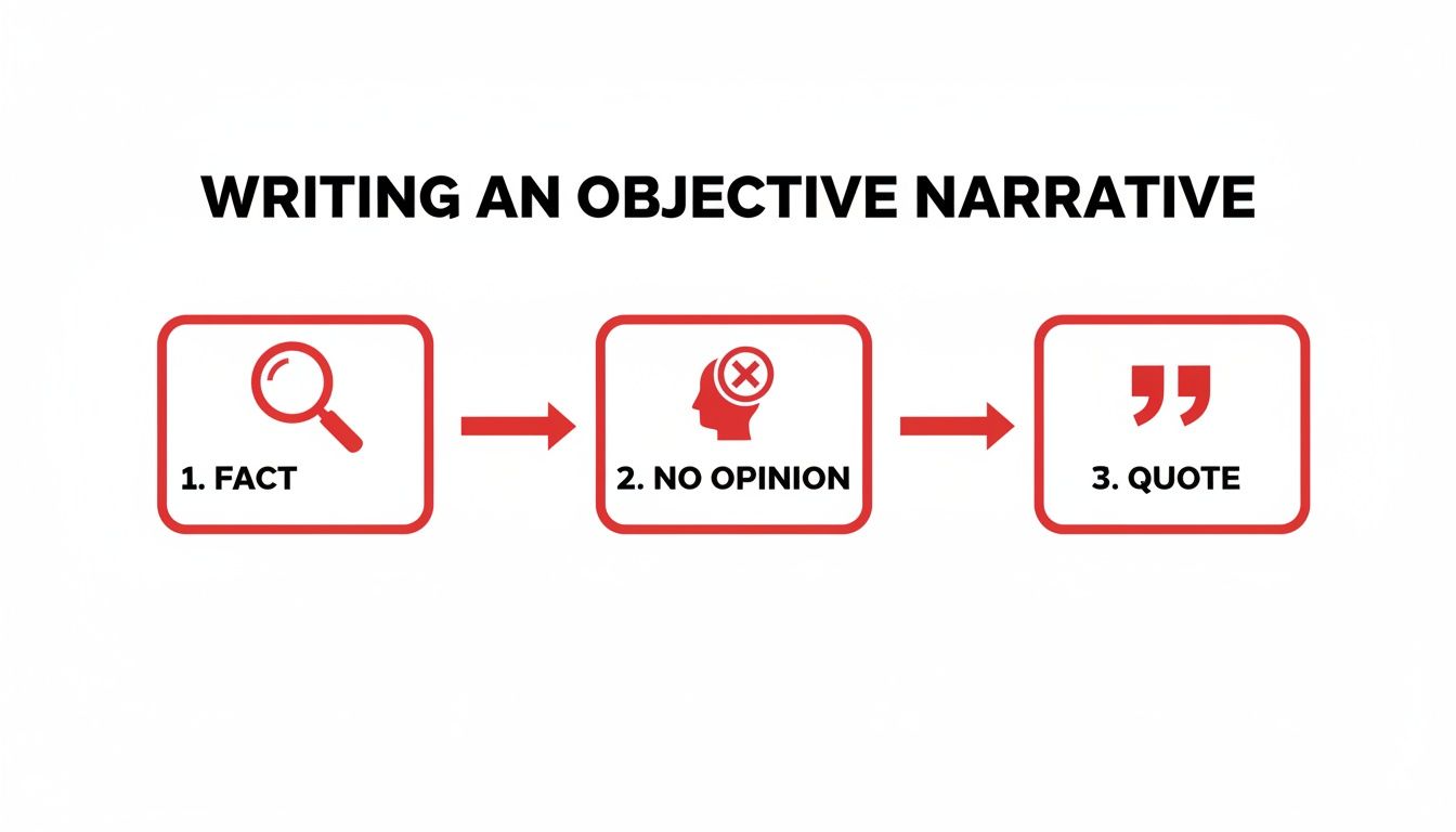 7 Essential Tips: How to Flawlessly Write an Incident Report 3 Infographic flowchart with three steps to write an objective narrative: Fact (magnifying glass icon), No Opinion (head with an 'X' icon), and Quote (quotation mark icon), with a red and white colour scheme.