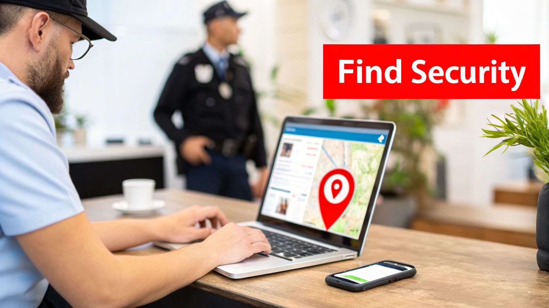 7 Shocking Mistakes to Avoid When Finding Security Guard Services Near Me 1 Man searching for security services on a laptop with a map and location pin, security guard in background.