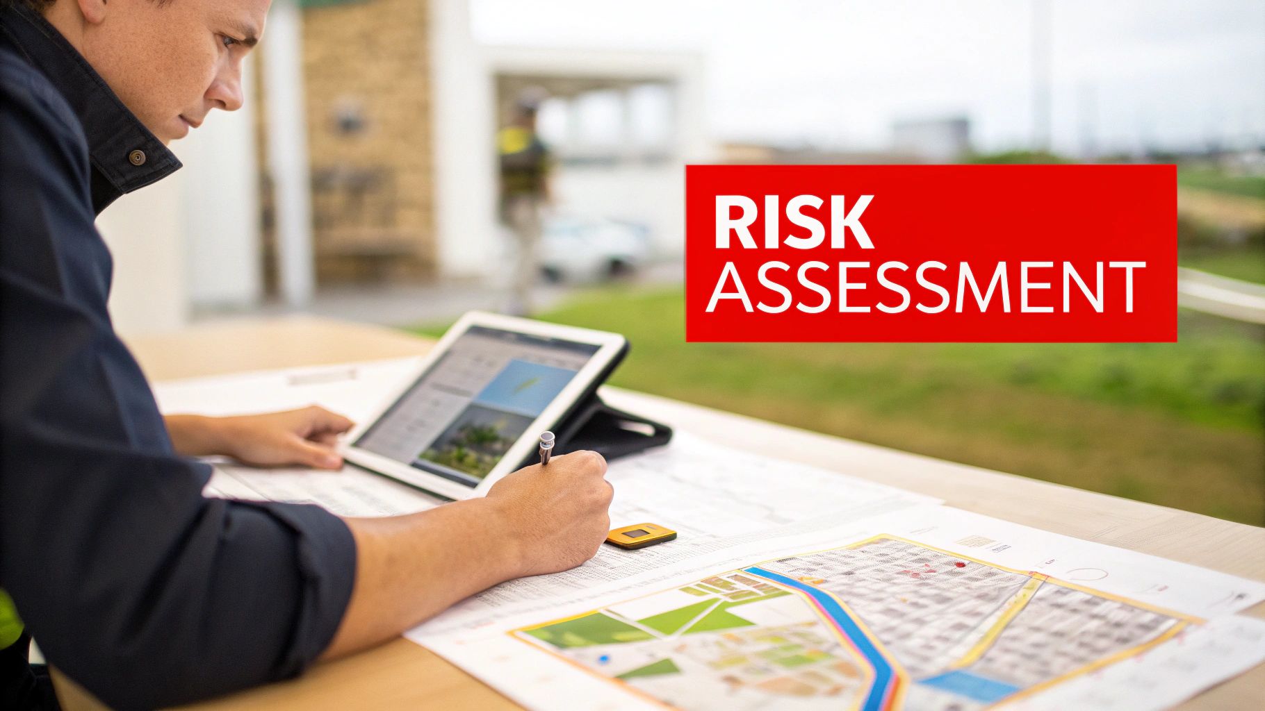 A person conducts a risk assessment, analyzing maps and data on a tablet outdoors.