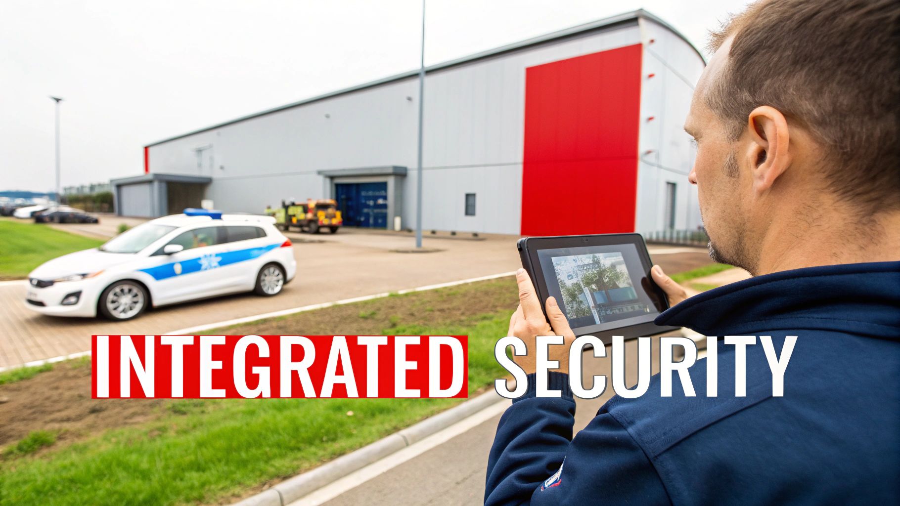 7 Incredible Benefits of an Alarm With Monitoring System 2 A man monitors security camera footage on a tablet, with a security vehicle and warehouse in the background, illustrating integrated security.