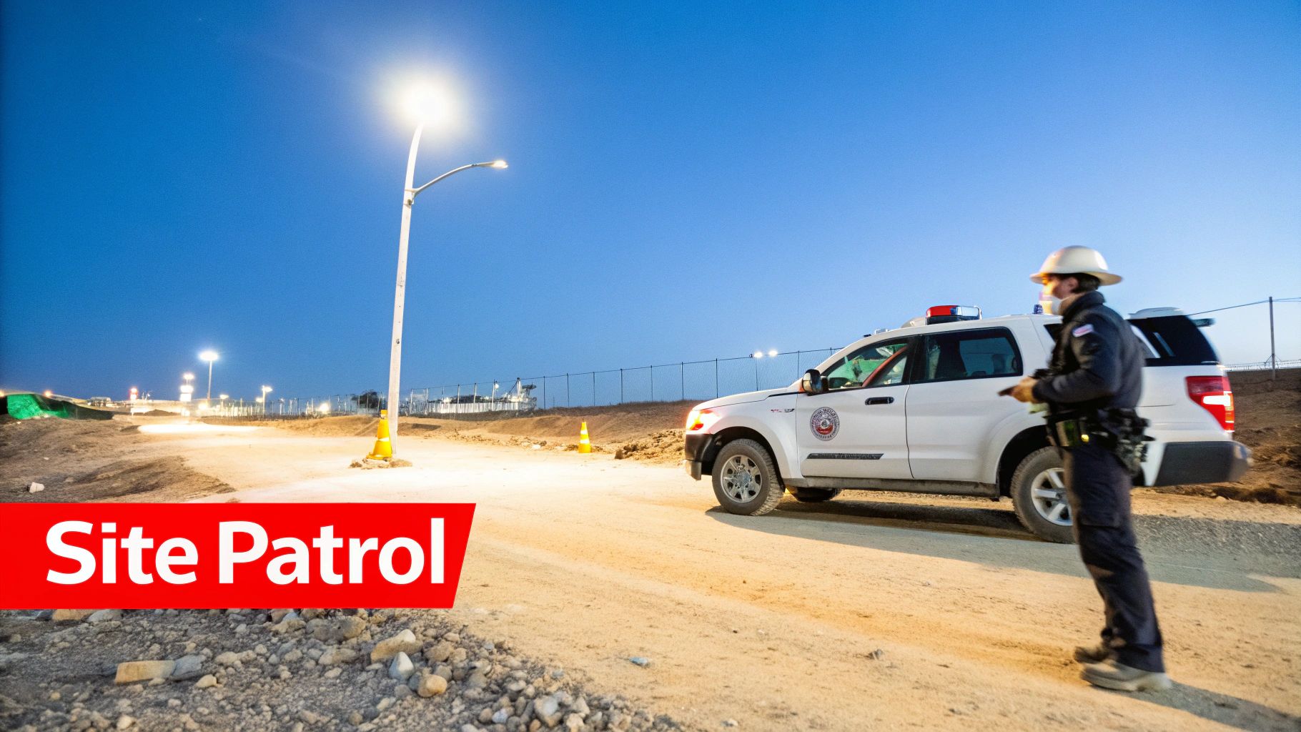 7 Incredible Benefits of Mobile Patrol Security for Your Business 2 A security guard in a hard hat stands by a patrol car on a dirt road at a construction site.
