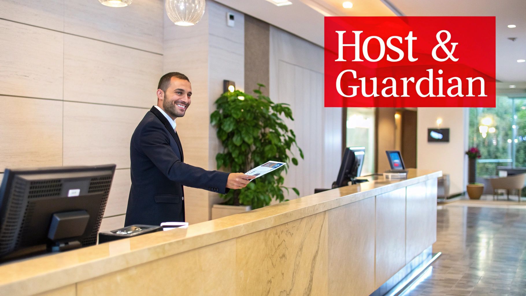 7 Incredible Reasons a Concierge Security Guard Elevates Venue Safety 1 A smiling male concierge at a modern hotel reception desk handing over documents.