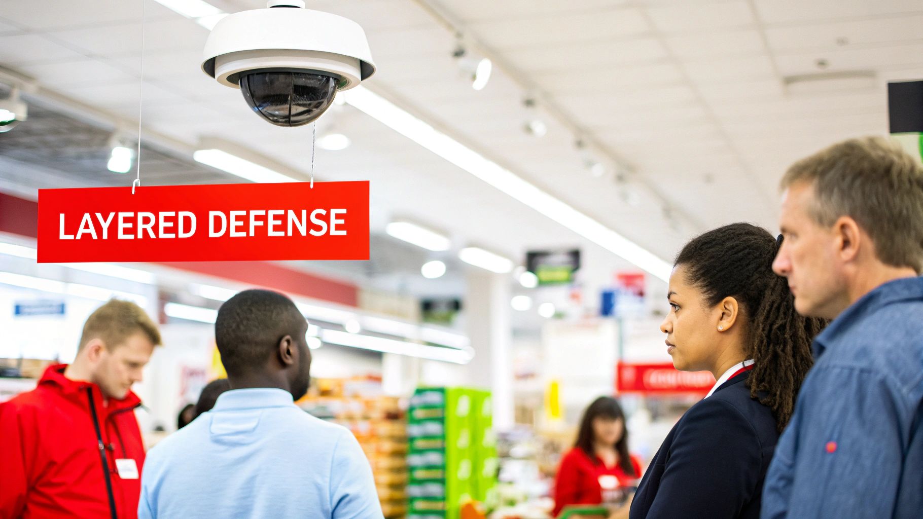A Practical Guide to Security in Retail for Australian Businesses 2 A security camera and 'LAYERED DEFENSE' sign overlook diverse people in a bustling retail store.