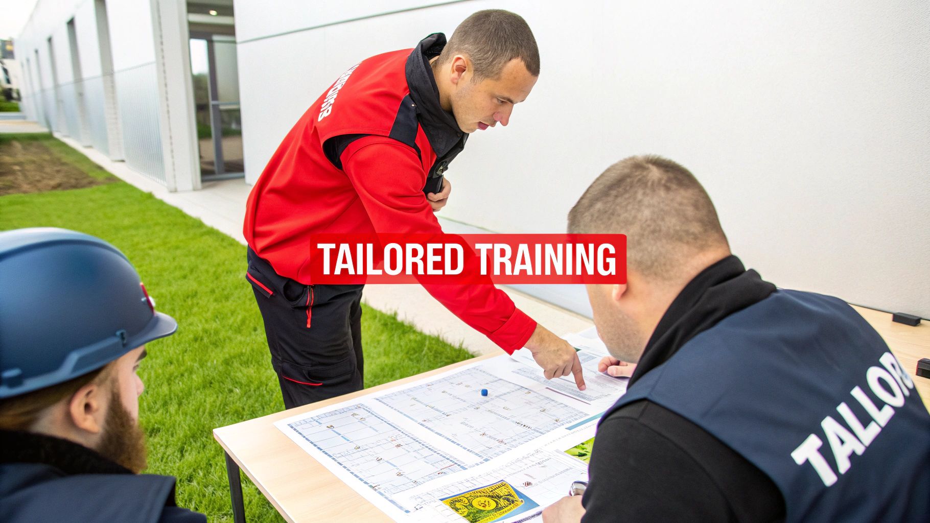 A Guide to Security and Training for Australian Venues 3 Three men engaging in a tailored training session outdoors, reviewing a large technical plan on a table.