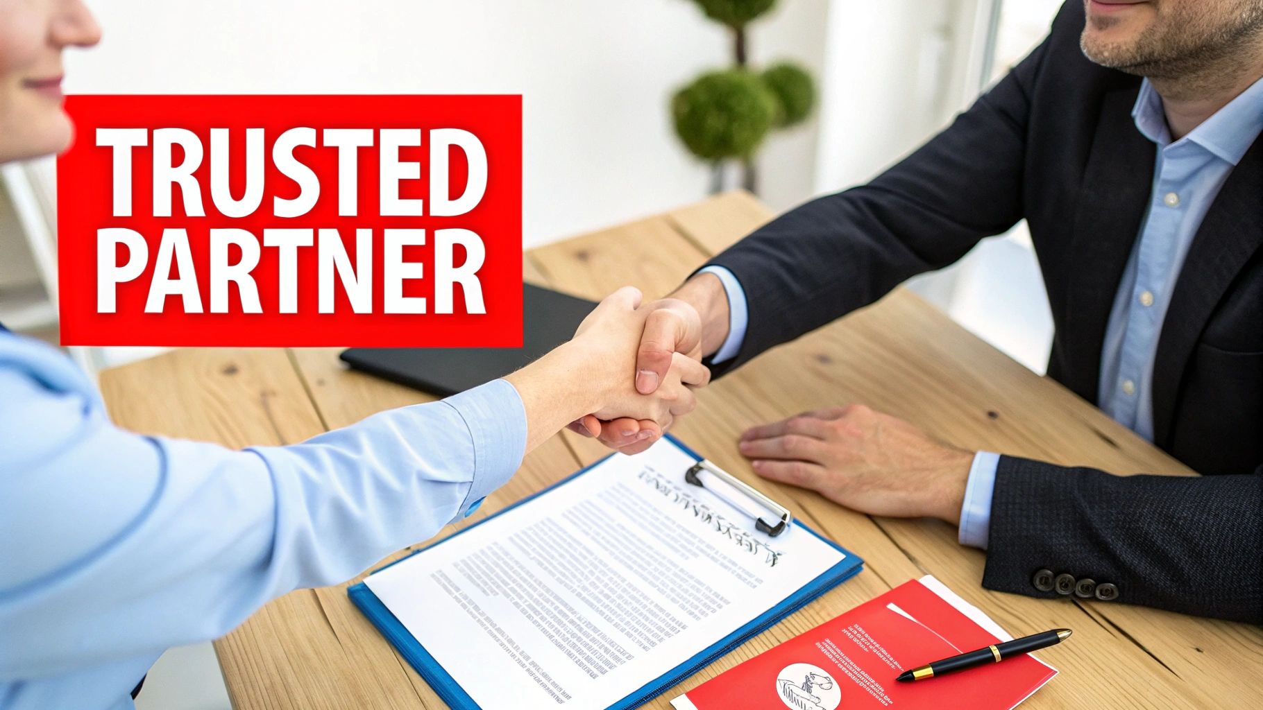 7 Shocking Reasons Your Business Needs Professional Security Management Services 2 Two business professionals shaking hands across a table, with 'TRUSTED PARTNER' text, symbolizing collaboration.