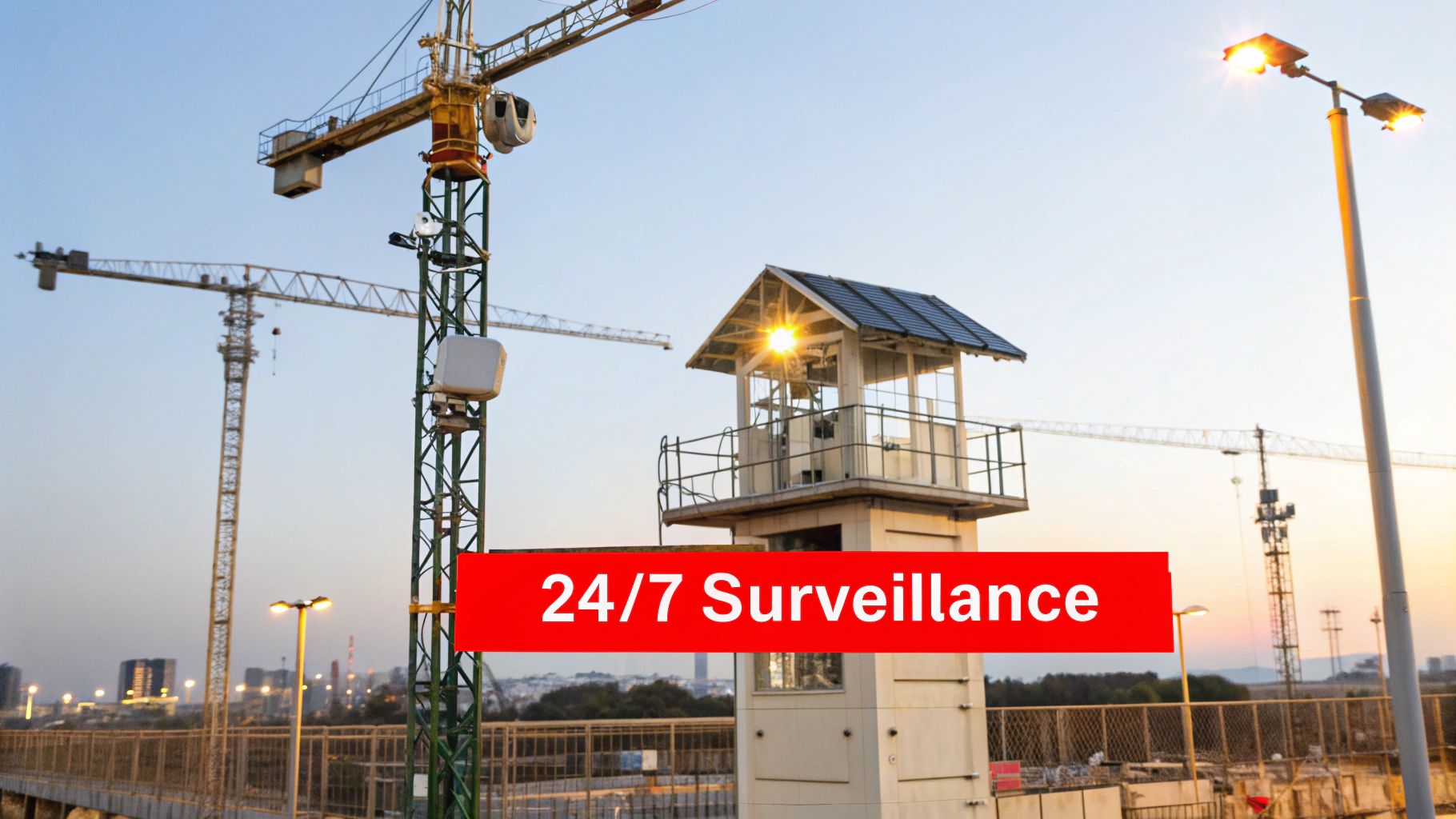 7 Devastating Mistakes in Security for Construction Site Protection 3 A construction site at dusk with multiple cranes, a security guardhouse, and streetlights, with a '24/7 Surveillance' banner.